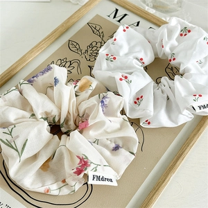 Floral and cherry print fabric scrunchies with elastic band for daily hair styling