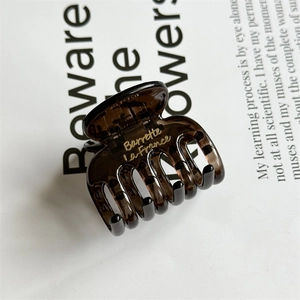 Detail view of brown amber resin hair claw clip with golden Barrette La France lettering