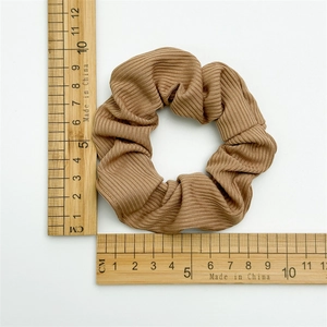 Summer Morandi striped hair scrunchie in caramel brown rib fabric with 10cm diameter