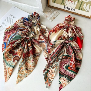 Retro Paisley Pattern Long Ribbon Scrunchie For Women Bohemian Style Faux Satin Scarf Hair Tie Ponytail Holder Accessories