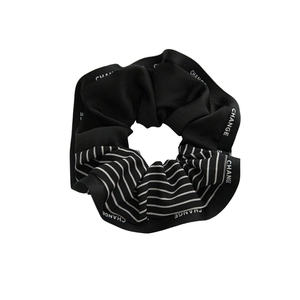 Chic nautical hair scrunchie in black and white stripes with Change text print