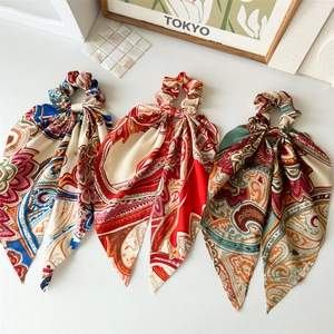 Set of 3 bohemian paisley print satin scrunchies with long silk streamers for women