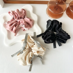 French Style Satin Scrunchie With Polka Dot Bow Streamer Polka Dot Ruched Hair Tie For Women Sweet Hair Accessories Daily Dating