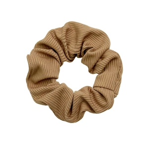 Brown striped knit hair scrunchie with soft pleated texture on white background