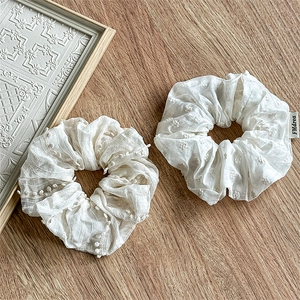Cream White Fabric Flower Embroidered Scrunchies Dotted Pom Pom Elegant Sweet Hair Ties Ponytail Holder For Women Accessories