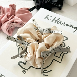 Polka dot bow scrunchie set with premium satin fabric for French style hairstyling