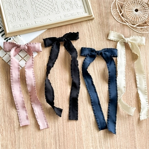 Fashion Ruffle Edge Fabric Bow Hair Clip For Women French Vintage Long Ribbon Bowknot Duckbill Clip Elegant Hair Accessories