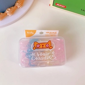 Kids hair elastics set in transparent boxes with cute cartoon cat patterns and colorful bands