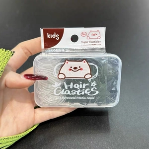 Detail of boxed jelly-colored kids hair elastics with high elasticity and cute cartoon cat design