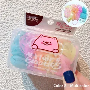 Close-up of colorful jelly-tone hair elastics in a clear box with cute cat design