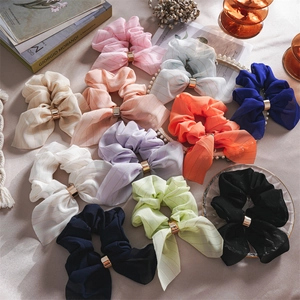 Élégant Chouchou Cheveux avec Nœud Boucle Métallique Tissu Mousseline Rayé Élastique Queue de Cheval Femme