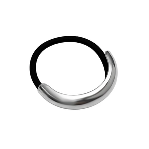 Minimalist black elastic hair tie with a polished silver-tone arched metal alloy charm