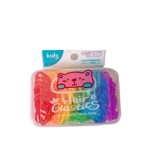 Colorful rainbow hair elastics set in a transparent square storage box for kids