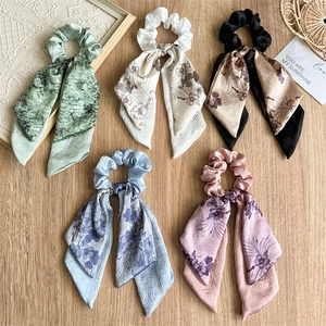 French Style Double Layer Satin Fabric Floral Bow Scrunchie With Long Streamer Elegant Floral Print Hair Tie Women Accessory