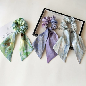 Artistic oil painting style silk hair scrunchies with long ribbons in three watercolor colors