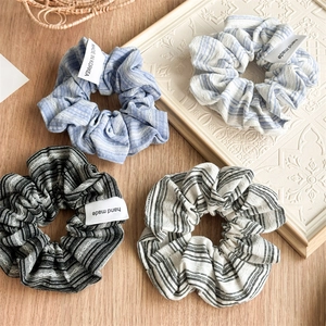 Vintage Striped Fabric Scrunchies Elegant Blue Black Hair Ties Handmade Pleated Hair Rings For Women Girls Daily Hair Accessories