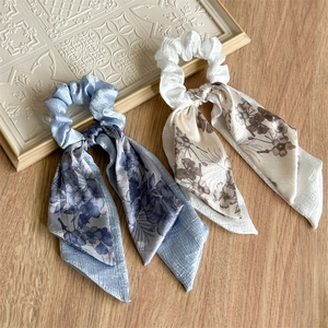French style satin floral scrunchie set with long ribbons in blue and white colors