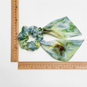 Artistic oil painting style silk ribbon hair scrunchie with blue and green watercolor prints