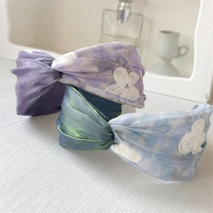 Sweet Floral Twisted Wide Headband Women Vintage Lace Butterfly Volumizing Hair Hoop Romantic Mesh Satin Hair Accessory