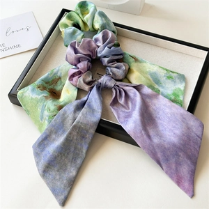 Artistic Oil Painting Style Hair Scrunchie With Long Streamers For Women Satin Polyester Watercolor Print Elastic Hair Tie