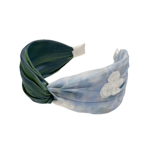 Vintage wide headband with green satin, blue tulle, and elegant white lace embroidery