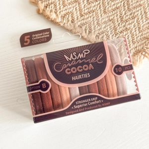 Detail of 10-piece high-elastic hair ties in 5 earthy colors and premium boxed packaging