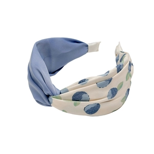Elegant twisted wide headband with blue satin and white blueberry fruit print fabric