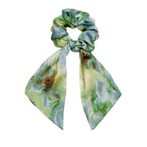 Artistic oil painting style ribbon scrunchie with colorful abstract watercolor patterns