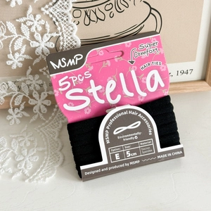 Detailed view of 5-piece black high-elastic seamless hair ties in floral card packaging