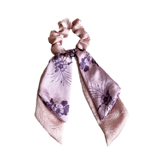 French style double-layer floral satin hair scrunchie with long ribbons in light pink