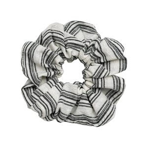 Classic black and white striped cotton fabric scrunchie with pleated texture design