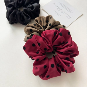 Three-piece set of satin polka dot hair scrunchies in black, khaki and wine red tones