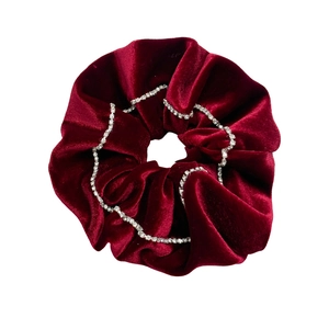 Elegant burgundy velvet scrunchie with rhinestone chain decoration for women's hair styling