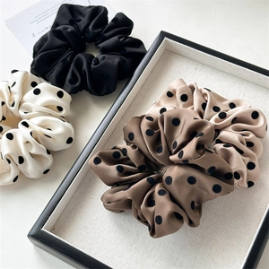Retro satin polka dot scrunchie set in black, cream, light coffee, and dark brown colors