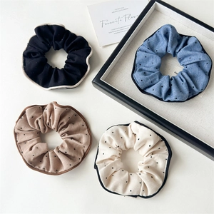 Vintage Polka Dot Fabric Scrunchie Retro Starry Rhinestone Elastic Hair Tie For Women Girl School Style Handmade Hair Band