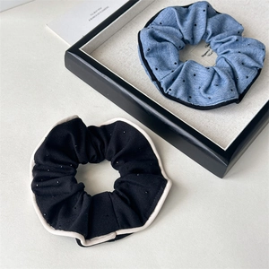 Retro denim blue and black fabric hair scrunchies with delicate bead embellishments