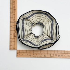 Retro striped fabric scrunchie in beige and navy blue, 15cm diameter hair accessory