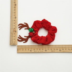 Christmas reindeer scrunchie in red velvet with bells and pom poms, size 9-10cm wide