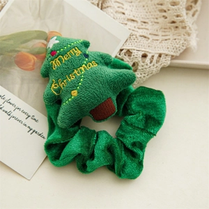 Green velvet Christmas tree scrunchie with Merry Christmas embroidery for hair styling
