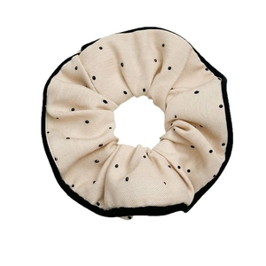 Vintage beige polka dot fabric hair scrunchie with black embroidered edge trim