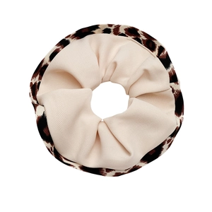 Two-tone leopard print scrunchie with beige ruffled fabric and high elasticity hair band
