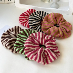 Set of 6 striped knitted hair scrunchies in various colors for casual daily styling