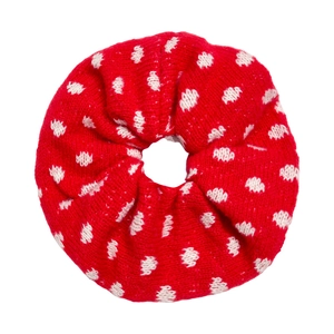 Oversized red knitted scrunchie with white polka dot pattern for women hair styling