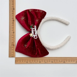 Christmas velvet red bow headband with golden stars and Merry Christmas decor