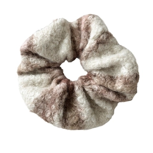 Sherpa wool scrunchie with cream and pink stripes for soft winter hair styling