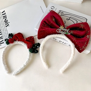 Christmas Red Velvet Bow Headband For Women Sweet Reindeer Antler Hair Hoop Sequins Plush Festive Party Hair Accessories Gift