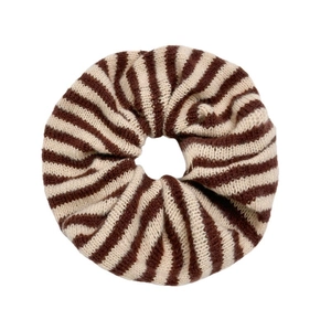Chic knit hair scrunchie with brown and white stripes for minimalist hair styling