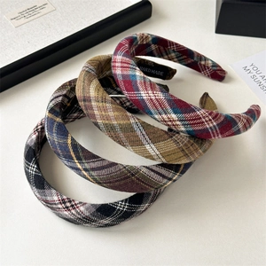 Serre-tête Vintage à Carreaux Bord Large Style Preppy en Tissu Bandeau Épaissi Fait à la Main Accessoires de Cheveux pour Femmes