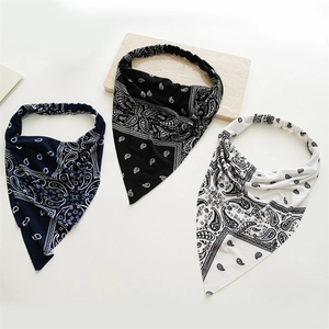 Three-pack paisley print triangle headbands in navy, black and white with elastic straps