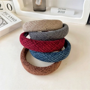 Women Thickened Sponge Headband Wide Fabric Woven Texture Hair Band Retro Solid Color High Top Headwear Handmade Accessories